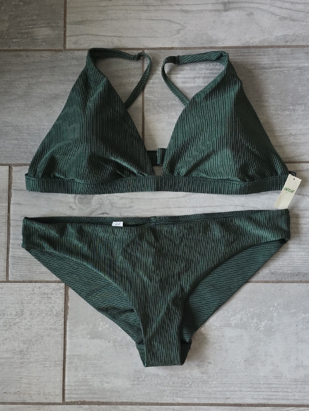 aerie Dark Green Ribbed Triangle Bikini Set